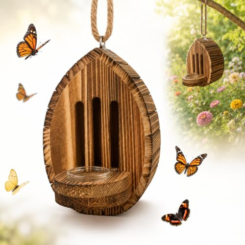 Ashloter Wooden Butterfly House for Garden with Puddler Bowl – Hanging Butterfly Feeder & Care Shelter, Predator-Proof, Easy Clean, Removable Glass Bowl