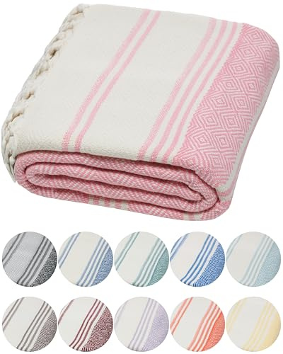 DEMMEX Serviette Hammam Peshtemal en Coton Turc Bio – Légère, Absorbante et à Séchage Rapide, Anti-Sable, Serviette de Plage et Bain, 180x90 cm (Rose poudré)
