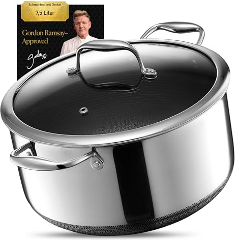 HexClad Hybrid-Schmortopf mit Deckel 7,5 l – Bräter mit Wabenstruktur – Dutch Oven für alle Herdarten, auch Induktion – Antihaftbeschichteter Schmortopf Ø 24 cm, ofen- & spülmaschinenfest