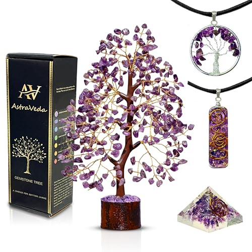 AstraVeda Amethyst Crystal Tree with 2 Pendants and Mini Pyramid Gift Set | Purple natural amethyst Tree of Life with two pendants and one mini pyramid, for decorative display and thoughtful gifts