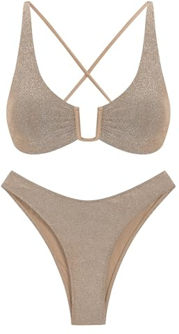 ZAFUL Bikini Set for Women U-Wired Bathing Suits Metallic Glitter Sparkly Lace Up Criss Cross String Bikini Swimswear(L,Shine-Light Coffee)