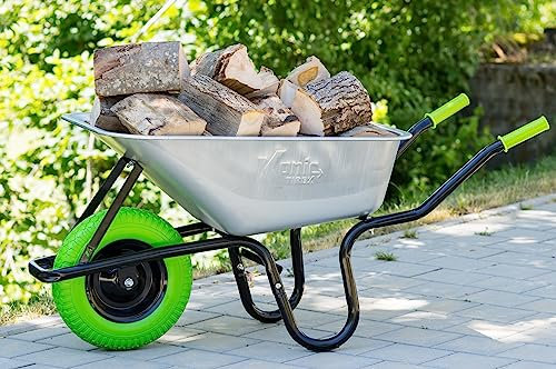 TIREX by xonic® Schubkarre mit Stahlfelge – Verzinkte Wanne bis 250kg/ 100l - Robuste Ausführung für Garten und Blau – Schieb-Karre mit PU Vollgummi-Rad - Grün- Silber