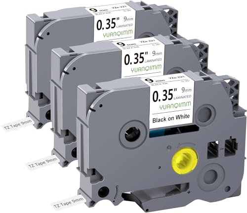 Yuanqimm TZe221 TZe-221 TZ221 TZ-221 Kompatibel für Brother P touch Bänder 9mm Schwarz auf Weiß Schriftband für PT-D400 PT-H100LB PT-H105 PT-D200 PT-1000 PT-H110 PT-H101 PT-H107B PT-D210, 3er Pack