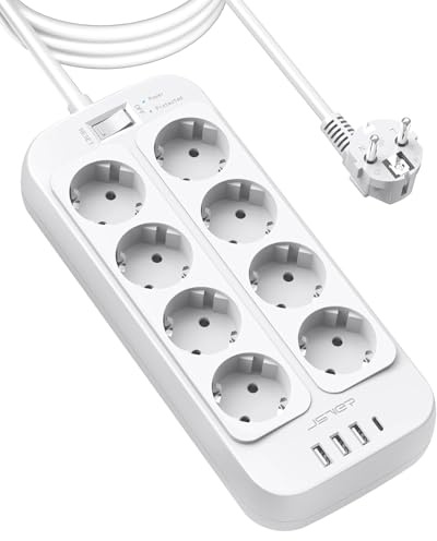 JSVER Steckdosenleiste Überspannungsschutz 8 Fach mit 4 USB Ladeanschlüsse, Mehrfachsteckdose mit USB C, Wandmontage(3680W) Steckerleiste mit 3M Kabel für Smartphones, Laptop-Weiß