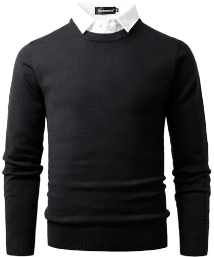 Harbrosrce Men's Crew Neck Jumpers Knitted Sweater with Mock Shirt Neck Casual Business Knitwear Pullover Solid Color Black