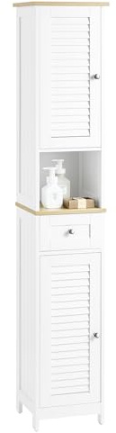 SoBuy Mobile Colonna Bagno Salvaspazio Armadio Alto con 2 Ante, 1 Cassetto e Ripiano Aperto Mobiletto Bagno per Lavanderia WC o Cucina 32x170x30cm FRG236-WN