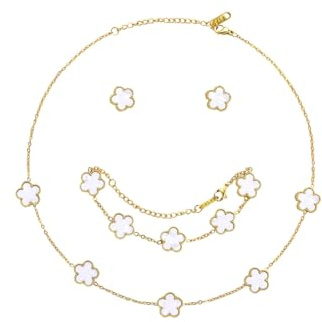 Hanaoops Jewellery Set for Women Girls 18K Gold Plated Stainless Steel Double-sided Four-Leaf Clover Pendant Necklace Stud Earrings Bracelet Adjustable Jewellery Sets Birthday Gifts 3 PCS (White)