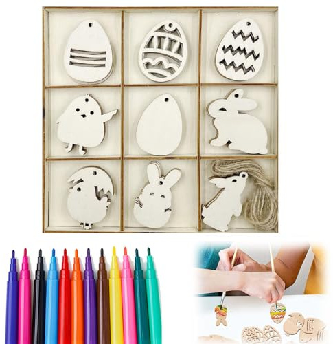 Decorazioni Pasquali Uniche - Uova da Decorare Ragazzi e Adulti, Set di 36 Pezzi in Legno con Pennarelli ColoratiOggetti Pasquali - Decorazioni Uniche per la Casa,Per Dipingere Conigli In Legno