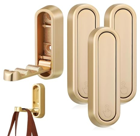 YipuVR 4PCS Gold Foldable Wall Hooks, Metal Folding Hooks Wall Mount, Easy Installation, Suitable for Bathroom Kitchen, Flip Down Hook for Wal l Hanging Coat, Bag, Towel, Key, Hat (Gold)