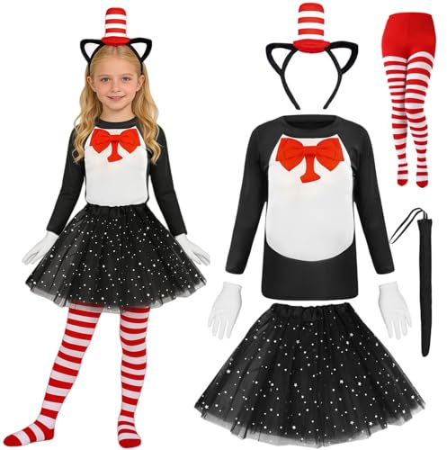 Maazusa World Book Day Cat Costumes Cat Hat Costume Long Sleeve Top Hat Headband Black Star Skirt Tail Gloves Socks Cat Outfit Animal Fancy Dress for World Book Day Carnivals Cosplay Party (S)