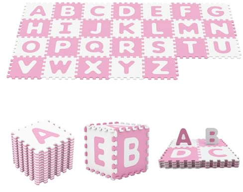 HONEY JOY Foam Floor Tiles for Kids, 12.5” x 12.5” EVA 26-Piece Interlocking Alphabet Puzzle Play Mat, Non-Slip Large Soft Carpet Rug, Easy to Clean, for Baby Crawling Exercise, Playroom (Pink)