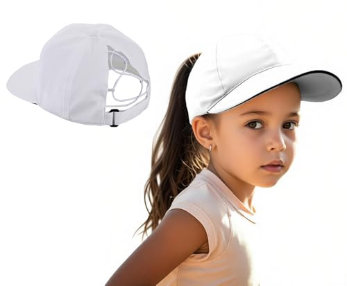 Girls Quick Dry Ponytail Baseball Cap Kids Adjustable UPF 50+ Trucker Hat Breathable Sports Travel Beach Cap Boys Sun Protection Hats Flat Snapback Hat for Children Age 4-10 Years, White/Deep Grey