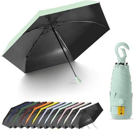 Travebo Mini Travel Folding Umbrella with Carabiner Ring Handle for Women Kids,Lightweight Compact,Portable Small,Handbag,Pocket,UV Protection,Fiberglass Ribs,Teflon coating,Rain Sun