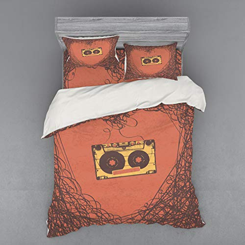 Ambesonne Music Duvet Cover Set, Love Old-Fashioned Elements Cassette Tape Analogue Vintage Nostalgic Stereo Print, 4 Piece Bedding Set with Shams and Fitted Sheet, Queen Size, Orange Brown