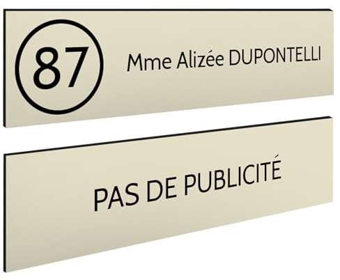 DECOHO - Plaque Boite aux Lettres Personnalisable - Lot de 2 plaques adhésives en Plastique Beige Noir - Format 100x25 mm - Gravure Laser - Beige