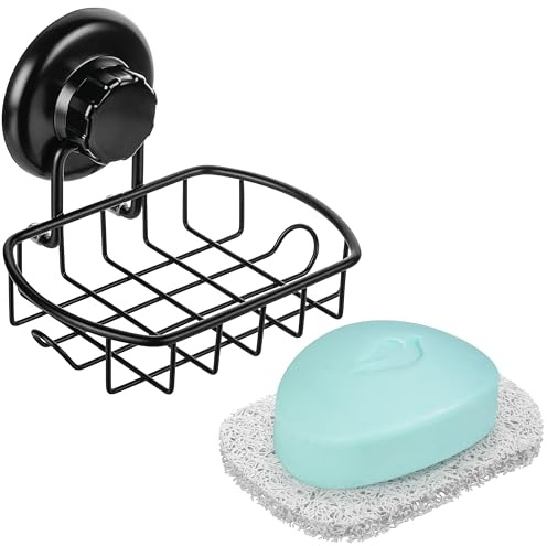 HASKO accessories Suction Soap Dish with Hooks - Super Powerful Vacuum Suction Cup Shower Soap Holder - Rustproof Stainless Steel SS304 Soap Basket - Sponge Holder for Bathroom & Kitchen (Black)