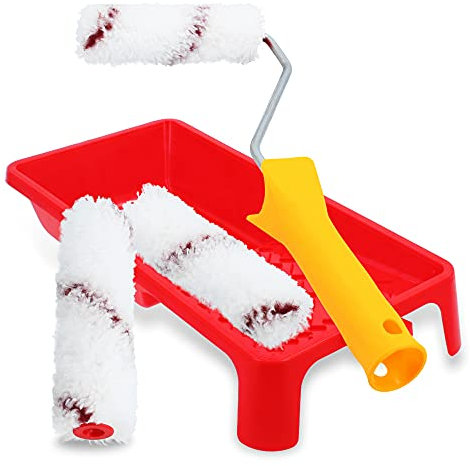 Rodillo de pintura para pared, 10 cm, juego de 5 piezas con bandeja de pintura y soporte para rodillo de pintura, rodillo pequeño para pintura, acrílico, herramienta de pintura, accesorios, rodillo de