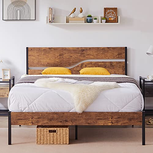 VECELO Cadre de lit 140x190 cm, Sommier Plateforme avec Tête de lit en Bois Rustique Vintage, Support à Lattes en Métal Solide, Rangement sous Le Lit, Assemblage Facile, Noir Et Marron