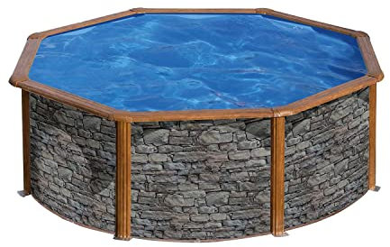 Paradies Pool® Gre Giant rund 350x120cm (Ø x H), Komplettset, Stahlwandbecken Stein/Holz, Poolplane in blau 0,4mm, Handlauf extra breit, inkl. Skimmer-Set, Leiter, Unterlegvlies und Filteranlage