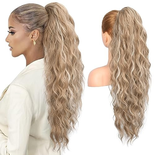 REECHO Ponytail Extension, 66 cm Long Beach Gewellt Zugband Pferdeschwanz Haarteil Synthetischer Pferdeschwanz Haarverlängerung für Frauen – Mischton aus Braun und Blond mit Strähnchen