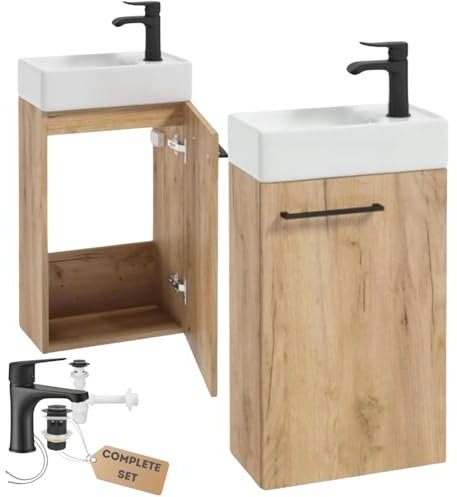 .Deftrans Domodomo Armario de baño con Lavabo, Armario de Lavabo de 40 x 60 x 21,3 cm, Juego de Lavabo de cerámica, Armario de Pared para baño pequeño (Roble + Grifo de Lavabo Negro)