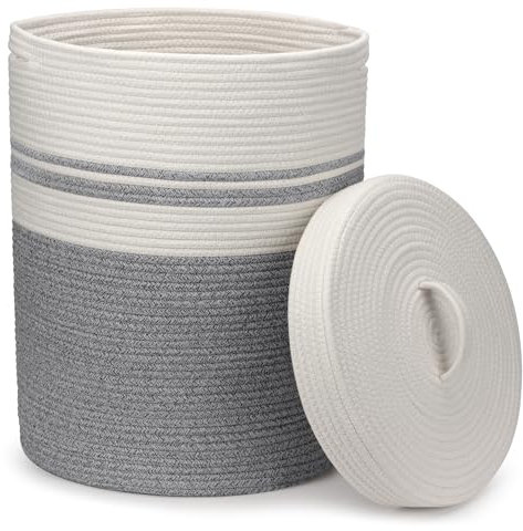 Goodheim Cesto Portabiancheria con Coperchio Cesta in Corda di Cotone, Ideale per Bucato e Giochi Bambini, Cestone Portabiancheria e Cestino Biancheria Ceste Portaoggetti Bianco XXL(Grigio,37x52cm)