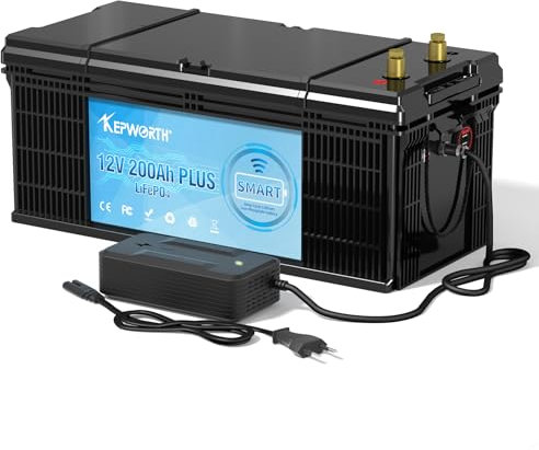 KEPWORTH Batterie Lithium 12V 200Ah, Rechargeable, LiFePO4 avec 200A Smart Bluetooth BMS et 4000-15000 Cycles Profonds, sans Entretien Parfait pour Camping-Car, Système Solaire, Bateaux, Hors-Réseau