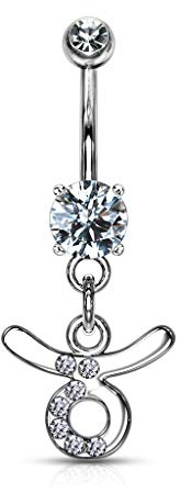 beyoutifulthings Bauch-nabelpiercing Stern-zeichen Stier Anhänger Silber Zirkonia Clear Nabel-Piercing Chirurgenstahl Bananabell Stab-länge 10-mm