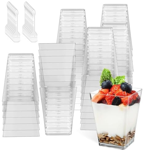 HIYAA Tasses à Dessert, 50 Pièces 8oz/240 ml Coupes Gobelets avec 50 Cuillères Mini Tasses à Dessert Gobelets Verrines à Dessert Réutilisables en Plastique pour Mousse,Tiramisu,Anniversaire,Mariages