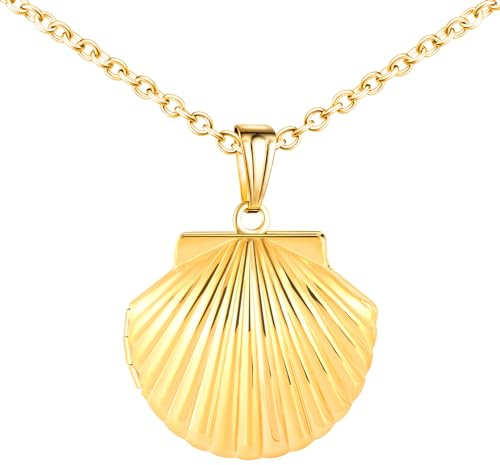 MICMIF Collar Foto Personalizado con Medallón de Concha para Mujer, Acero inoxidable Collar Relicarios Colgante en Forma de Concha para 2 Fotos Joyería Cadena 50cm