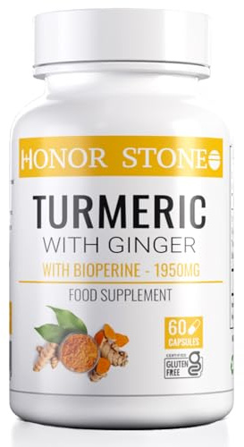 Honor Stone - Turmeric Capsules with Ginger & Black Pepper – 1950mg High Strength 95% Curcuminoids, Curcumin – Joint Support & Inflammation Supplement – Vegan, Gluten Free – 60 Capsules (not tablets)