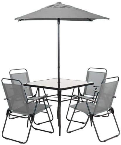 Shally Dogan Set 6 Pezzi da Pranzo per Giardino con Ombrellone, 4 Sedie Pieghevoli e 1 Tavolo con Ripiano in Vetro Temperato, Resistente Raggi UV, Arredamento per Esterno, Patio, Terrazzo (Grigio)