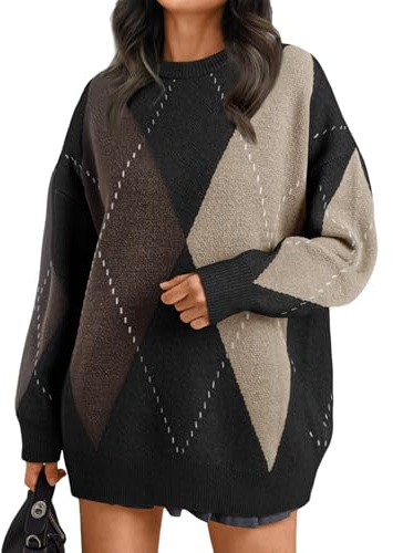 Trendy Queen Women's Color Block Argyle Plaid Oversized Chunky Knit Crewneck Sweaters 2024, Black Nutmeg, L