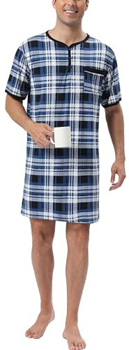 Rutiga pyjamasöverdelar för män, mjuka nattkläder, andningsbara nattlinne, knälängd, nattkläder, vardagskläder, Kortärmad-1-blå vit marinblå rutig (94 % polyester, 6 % spandex), XXL