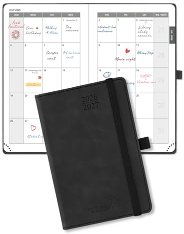 POPRUN Agenda de Poche 2 Ans, Vue Mensuelle 2026-2027 A6 – Planificateur Mensuel (24 Mois: Janv. 26 - Déc. 27) Papier 100 g/m², 4 Pages par Mois, 144 Pages, Couverture Rigide en PU (Noir)