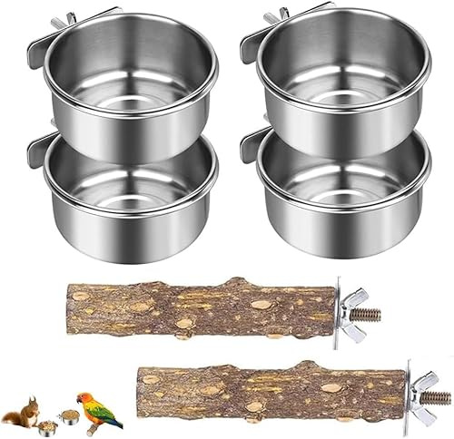 4pcsPet Feeder, Mangiatoia per pappagalli, mangiatoia per uccelli per gabbia, tazze di alimentazione per pappagalli, piatto di cibo per uccelli, 2 pezzi di posatoi, mangiatoie per in acciai