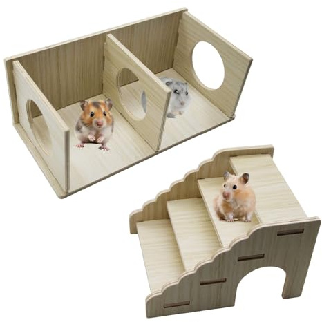2-Chamber Hamster Tunnel & Wooden Climbing Ladder Bridge，Wooden Hamster Hideout with Ladder for Dwarf Syrian Hamsters Gerbils Mice or Other Small Pets