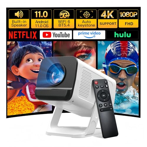 Mini Projecteur avec Wi-FI 6 & Bluetooth 5.4 [Apps intégrées & 2025 Upgraded] Supporte 4K 1080P Full HD Vidéoprojecteur, Portable Vidéo Projector Android 11, Rotation 270°, Compatibile avec HDMI/USB