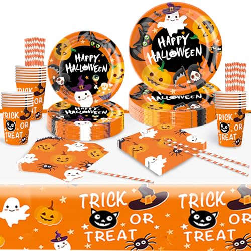 Moerstar 85 Pcs Stoviglie per Feste Halloween, Set di Stoviglie Halloween con Piatti Bicchieri Tovaglioli Tovaglia per Home Party Supplies Decorazione