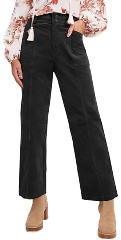 Novlewign Pantalon en velours côtelé taille haute boutonné pour femme avec poches, noir, Taille L