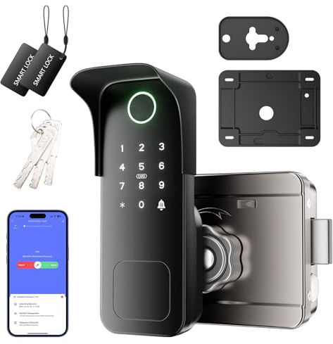Smart Gate Lock, Electronic Gate Locks for Outdoor Fence, Keyless Smart Rim Lock, Electric Sided Keypad Locks with App Control, IC Card, Keys Touchscreen Perfect for Fence and Outdoor (Black)