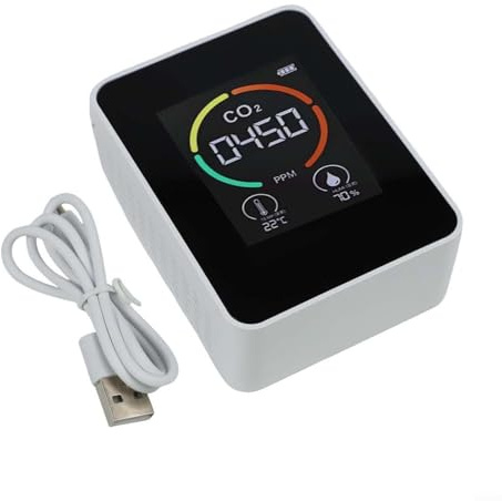Gdfnmogo Detector de dióxido de carbono con temperatura y humedad para aire interior, rango de 400-5000 ppm, pantalla LED real de 4 colores, funciona con pilas, color blanco