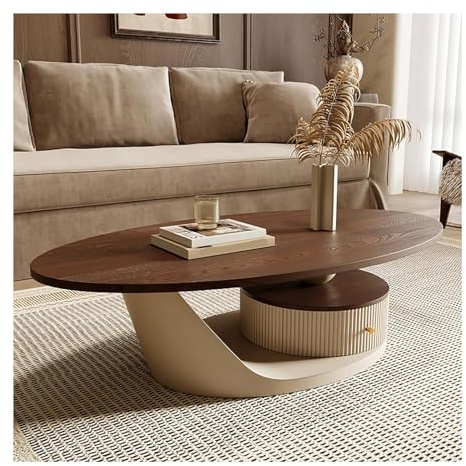 Generisch Mid-Century Modern Couchtisch, Oval, Massivholz mit Schublade, Braun und Beige, 120x60x40cm, Wohnzimmer Beistelltisch