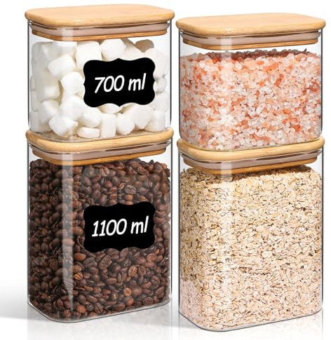 ComSaf förvaringsburkar i glas med bambulock, 700–1100 ml, 4-pack | rektangulär och kompakt, mungbönor, snabbcereal, pepparkorn, smidig förvaring, för skafferi och kök