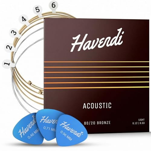 HAVENDI® Guitar Strings I Acoustic guitar strings 80/20 Bronze Coating I Brilliant Sound Quality I Includes 3 Picks (Light 12-53, 1 Set)
