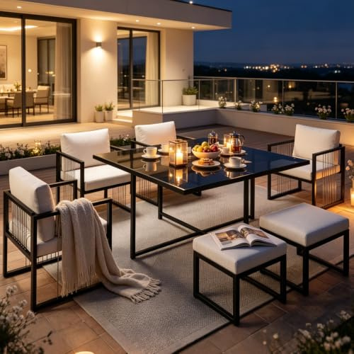 luckdect Salon de Jardin Extérieur 5 Personnes,Ensemble de Table à Manger de Jardin avec 5 Chaises,Coussins,Meubles d'Extérieur Patio Terrasse,Moderne