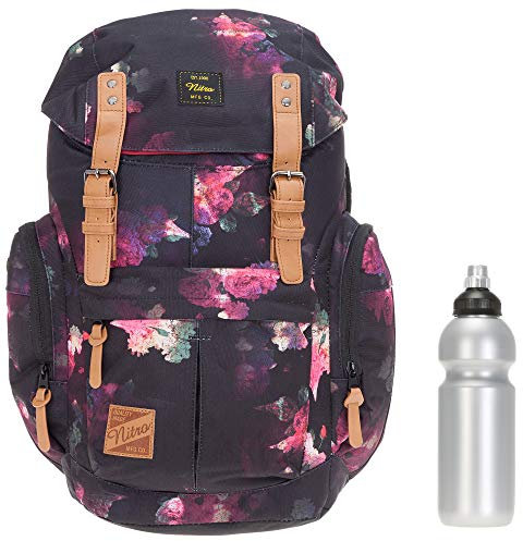 Rucksack Nitro Daypacker Alltagsrucksack Laptop Fach Schulrucksack Vintage + Flasche (Black Rose)