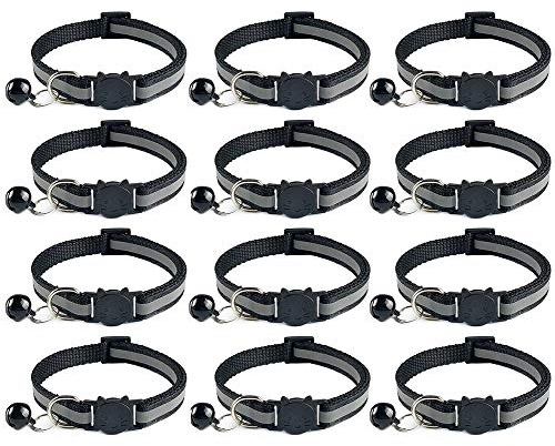Tafeiya 12x Reflective Design Adjustable Cat Collars More Safety Quick Release Safety Buckle with Bell (Black)