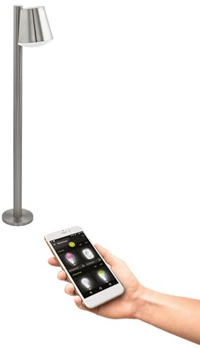 Eglo Lampadaire extérieur LED Caldiero-C, lampe sur pied connectée, éclairage d'extérieur pour jardin et terrasse, acier inoxydable, plastique en blanc, douille E27, IP44