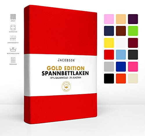 Jacobson Gold Edition Jersey Spannbettlaken Spannbetttuch Baumwolle mit ELASTAN ca. 200 g/m² (200 x 220 cm + 40cm, Rot)